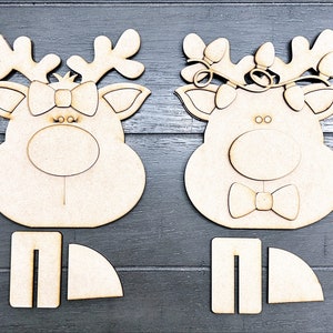Reindeer Shelf Sitter Set | Boy & Girl Reindeer Faces | DIY Christmas Decor Kit | Unfinished Wood Holiday Craft | Mantel, Table Decor