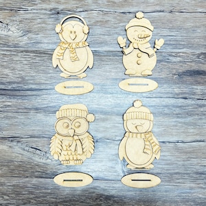 Winter Friends Shelf Sitter Kit | DIY Snowman Owl Penguin Decor | Paintable Winter Wood Cutouts | Holiday Tiered Tray Mini Signs