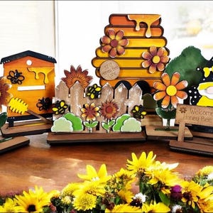 Honey Bee Shelf Sitter Set | DIY Summer Bee Decor Kit | Unfinished Wood Cutouts | Farmhouse Tiered Tray Display | Paintable Craft