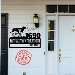 Custom House Number Metal Sign Modern Deco Farm Cow Address Front Porch Address Plaque Personalized Metal Art Housewarming New Home Gift