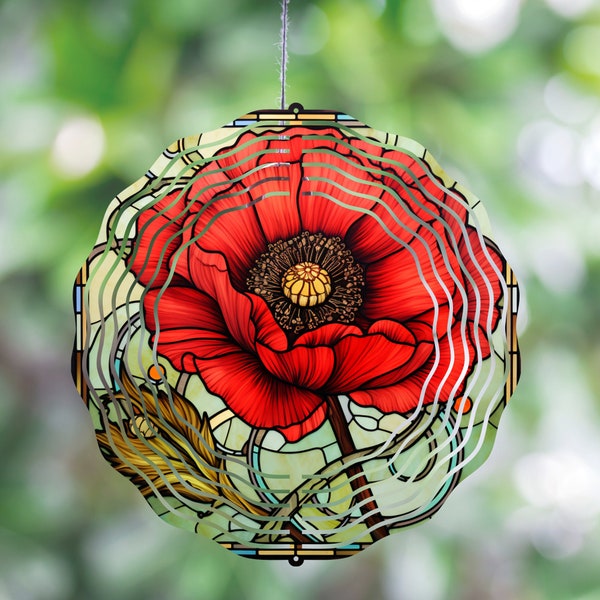 Stained Glass Poppy Wind Spinner PNG,Wind Spinner,Sublimation Design Template,Round Hanging Spinners png,10" Round Sublimation, Garden Deco