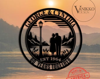 60th Anniversary Gift For Couple Wife Husband Parents Custom Wedding Anniversary Metal Wall Art Sign Diamond Wedding Mountain Coastal Sunset