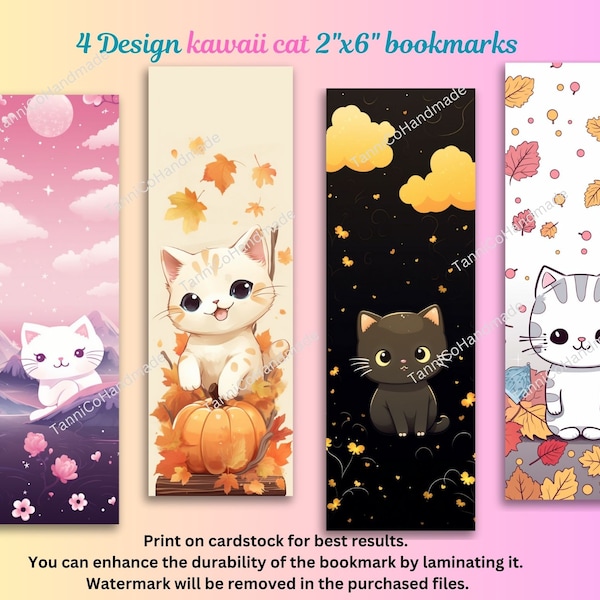 4 Autumn Kawaii Cat Bookmark Designs, Bookmark PNG,Digital Bookmark,Bookmark Printable Book Lover PNG Gifts For Her, Cat Lovers, Cat Mom