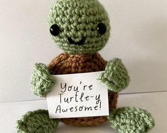 Handmade crochet turtle-y awesome turtle, boxed, personalised funny gift humour friend, desk accessory keepsake turtle gifts for her him