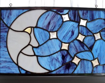 Five Moon Phases Stained Glass Window Panel Blue/irid White - Etsy