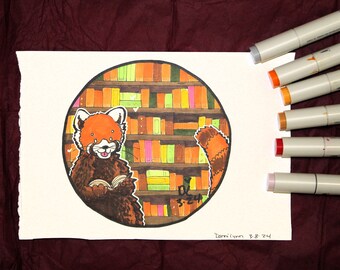 Red Panda Book Lover Traditional Original Drawing