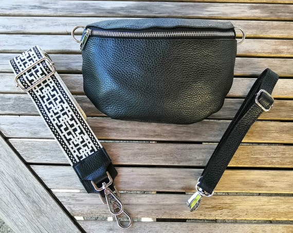 Marsupio nero con secondo cinturino, vera pelle, borsa a tracolla