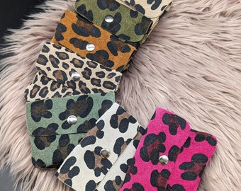 Small leather wallet, leopard print, suede, zipper and snap fastener, mini wallet, Santa Claus gift, wrapping money gift