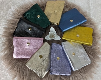 Leder Geldbörse in Glitzer, metallic glänzend, Reissverschluss und Druckknopf gold, klein, Minigeldbeutel, Geschenk für Teenager, Frauen