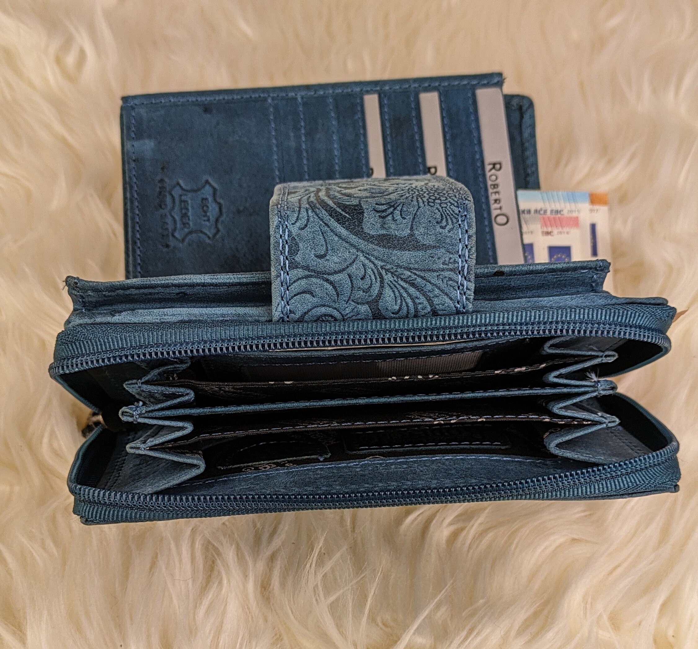 Damesportemonnee van 100% buffelleer > RFID-bescherming > reliëfportemonnee > compacte leren portemonnee > veel kaartvakken > cadeau voor haar - Nederland