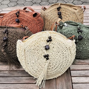 Crochet round raffia bag, paper yarn bag, boho bag, sustainable shoulder bag, crossbody bag vegan, summer, holiday, festival beige