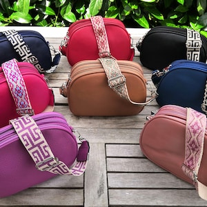 Umhängetasche veganes Leder, Reißverschluss Schultertasche Kunstleder, gemusterter Wechselgurt, Geschenk Geburtstag, Urlaub, Festivals Feste