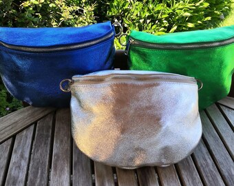 Metallic leather fanny pack with 2nd strap, cool glitter crossbody bag, metallic bag strap, silver carabiner, silver metallic, party events