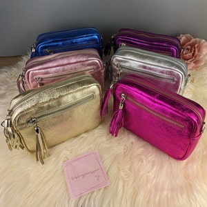 Umhängetasche Echt Leder metallic Schultertasche kleine Handtasche Crossbody Tasche Glitzer gold pink Geschenk Frauen Geburtstag Weihnachten
