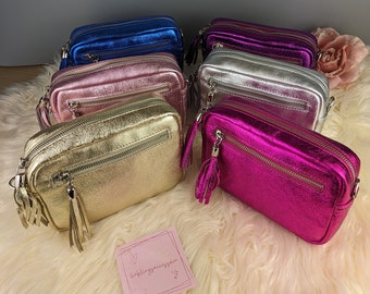 Schoudertas echt leer metallic schoudertas kleine handtas crossbody tas glitter goud roze cadeau dames verjaardag Kerstmis