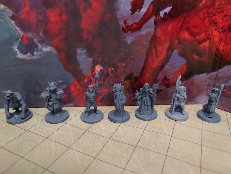 May include: Seven gray plastic miniature figurines of fantasy characters, including a goblin, a cat-like creature, a knight, a wizard, a sorcerer, a dwarf, and a human warrior. The figurines are standing on a gray and white checkered surface.