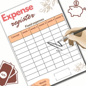 Puede incluir: Un registro de gastos imprimible con un esquema de color rosa y naranja. El registro tiene columnas para el concepto, la semana 1, la semana 2, la semana 3, la semana 4 y la semana 5. Hay un espacio en la parte inferior para un total mensual.