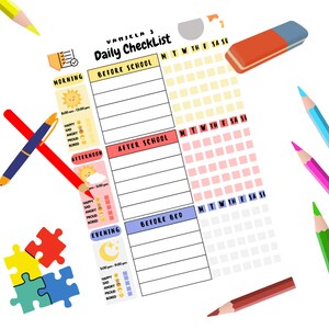 Puede incluir: Una lista de verificación diaria imprimible para niños con secciones para la mañana, la tarde y la noche. La lista de verificación incluye un espacio para hacer un seguimiento del estado de ánimo y una cuadrícula para cada día de la semana.