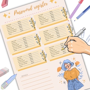 Puede incluir: Un registro de contraseñas imprimible con un diseño floral. La página tiene seis secciones para registrar nombres de usuario, sitios web, contraseñas, correo electrónico vinculado, preguntas de seguridad, respuestas de seguridad y notas. La página también tiene una sección para detalles.