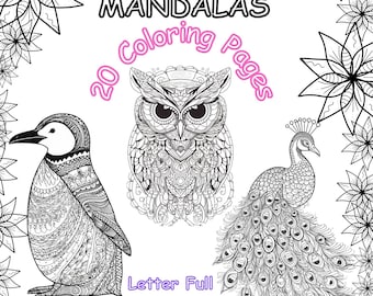 Mandala Coloring Pages, 20 Unique Birds Mandalas to Color, Express and Relax, Printable Coloring Book - Instant Digital Download, PDF Letter