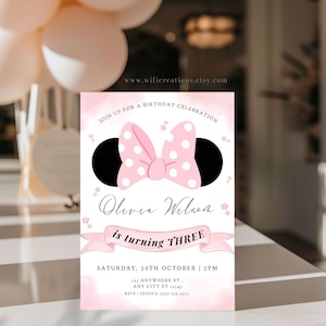 Faire-part 3e anniversaire Minnie Mouse, élégante fête rose Minnie en téléchargement numérique, Invitation pour petites filles, fête Oh Toodles