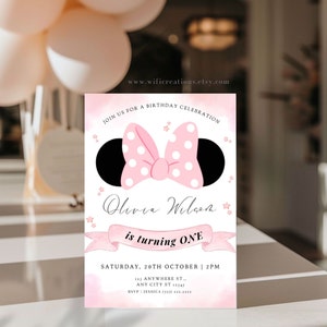 Elegant Minnie Mouse 1st 2nd Birthday Invitation Digital, Blush Pink, Girl Minnie Mouse Invitation Editable, First Birthday Girl Printable