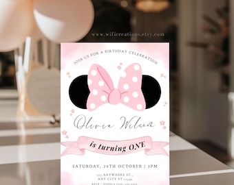 May include: Pink and white birthday invitation featuring a Minnie Mouse-inspired design. The invitation includes the text "Join us for a birthday celebration" and "Olivia Wilson is turning ONE". The date and time are also included.