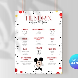 Mickey Mouse First Year Printable Birthday Sign, Mickey Mouse Party Bundle, Printable Digital Poster, Invitation Template, Disney Theme