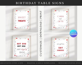 Letreros para fiesta de cumpleaños de Mickey Mouse, editables en Canva (descarga digital)