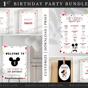 Mickey Mouse Invitation Bundle, Welcome Sign, Mickey Mouse Party Signs, Cupcake Toppers, 1st 2nd 3rd Boy Birthday Party, Mickey Party Favors