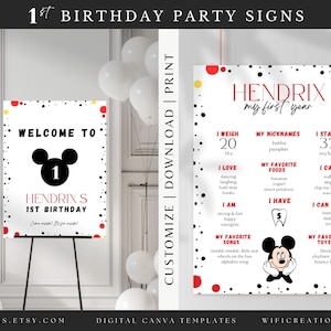 Mickey Mouse Invitation Bundle Signs, Mickey Mouse Party Signs, Mickey Mouse Invitation Digital Printable, 1st Boy Birthday Party, Canva