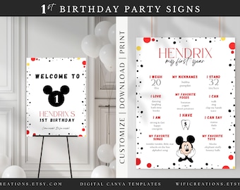 Letreros para fiesta de primer cumpleaños de Mickey Mouse, plantilla personalizable de Canva (imprimible digitalmente)