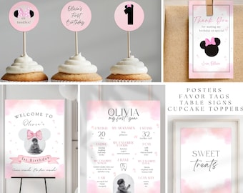 Minnie Mouse First Birthday Party Bundle, Pink Decorations (Canva Template)