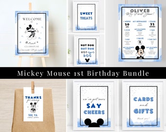 Blue Mickey Mouse 1st Birthday Bundle: Welcome Sign, Favor Tags (Digital Download)
