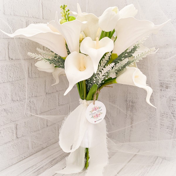 Bridal Bouquet | Calla lily Bouquet |white Bouquet | Realtouch calla | Silk organza Bouquet | Artificial Bouquet | white calla | Boutonniere