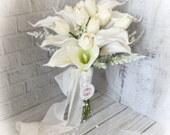 Bridal Bouquet | Calla lily Bouquet |white Bouquet | Realtouch calla | Silk organza Bouquet | Artificial Bouquet | Tulip bridal Bouquet