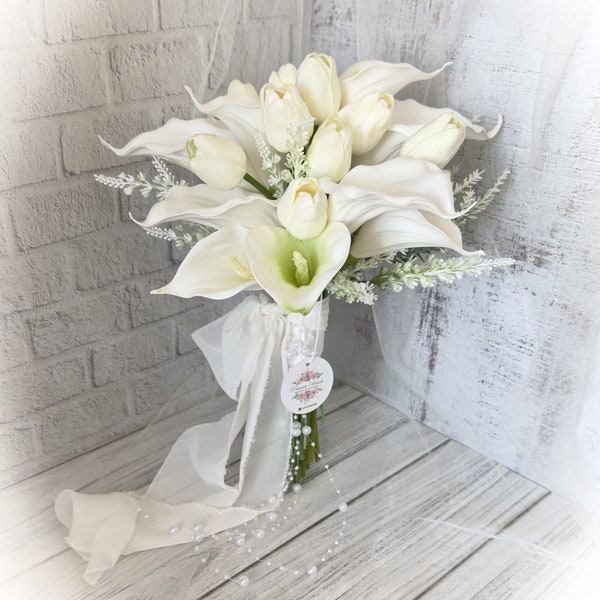 Bridal Bouquet | Calla lily Bouquet |white Bouquet | Realtouch calla | Silk organza Bouquet | Artificial Bouquet | Tulip bridal Bouquet