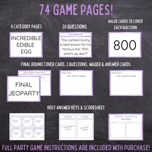 Puede incluir: Un conjunto de 74 p&aacute;ginas de juego para un juego de fiesta Easter Jeopardy. La colecci&oacute;n incluye 6 p&aacute;ginas de categor&iacute;as, 30 tarjetas de preguntas, tarjetas de valor 800, tarjetas de portada para la ronda final, tarjetas de apuesta y respuesta.