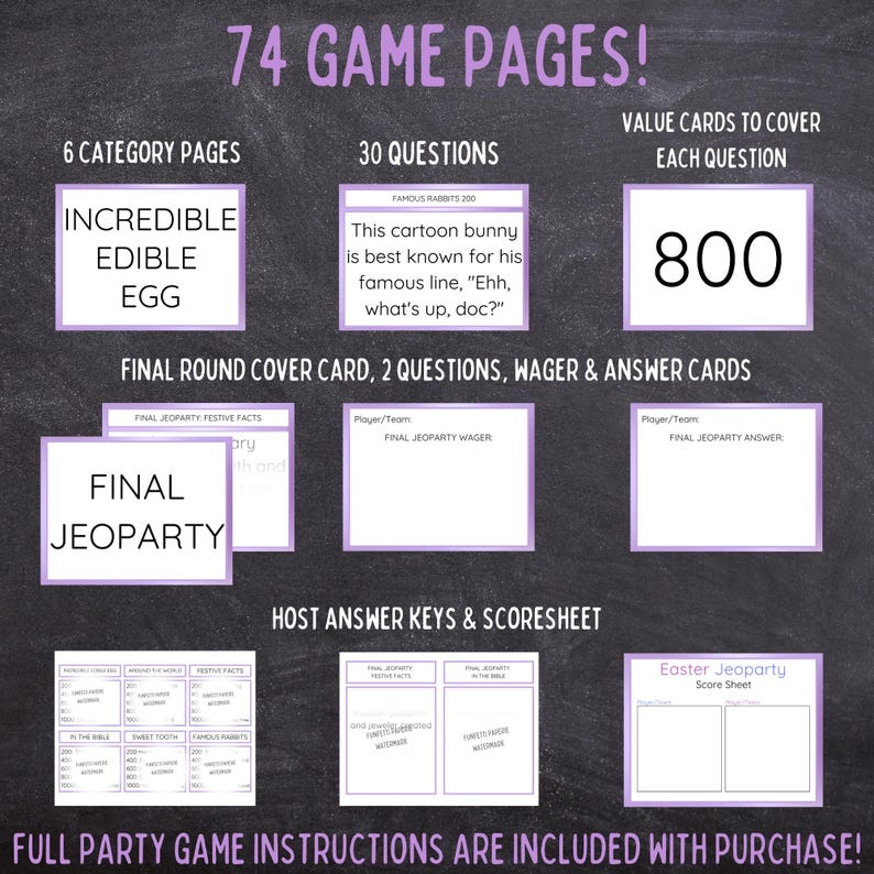 Puede incluir: Un conjunto de 74 p&aacute;ginas de juego para un juego de fiesta Easter Jeopardy. La colecci&oacute;n incluye 6 p&aacute;ginas de categor&iacute;as, 30 tarjetas de preguntas, tarjetas de valor 800, tarjetas de portada para la ronda final, tarjetas de apuesta y respuesta.