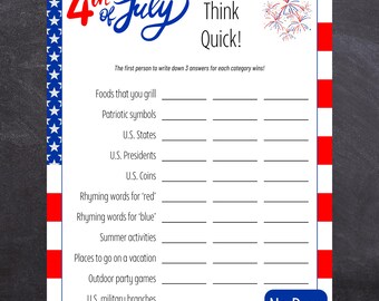 4th of July Think Quick Game - No Prep Fast Thinking Party Game Printable