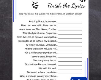 Bible Finish the Lyrics Game - No Prep Sunday School Activity for Kids Teens Adults - Worship Song Trivia Church Printable