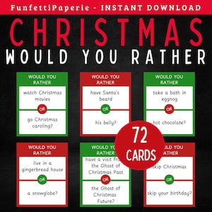 Weihnachten würdest du lieber, druckbares Weihnachtsspiel, Weihnachtstrivia, Familienspielnacht, Kinder und Erwachsene, Weihnachtsfeier, dies oder das