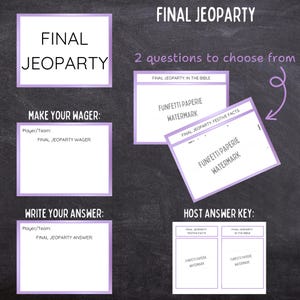 Puede incluir: Un juego de Final Jeopardy sobre un fondo de pizarra oscura con texto blanco y bordes morados. Incluye secciones para Final Jeopardy, Make Your Wager, Write Your Answer, 2 questions to choose from y una Host Answer Key con marcas de agua.