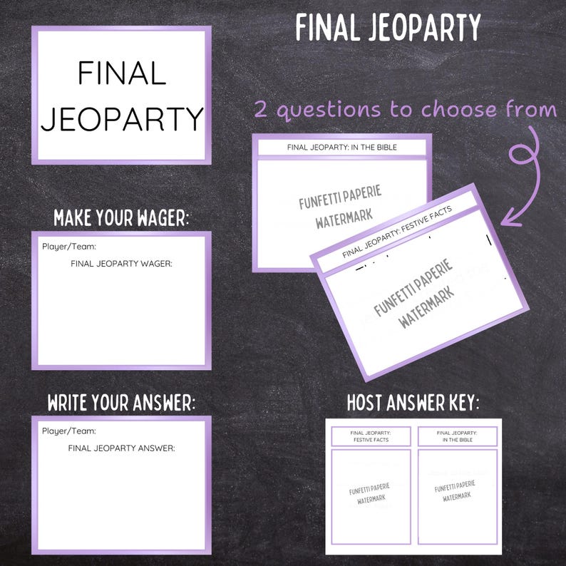 Puede incluir: Un juego de Final Jeopardy sobre un fondo de pizarra oscura con texto blanco y bordes morados. Incluye secciones para Final Jeopardy, Make Your Wager, Write Your Answer, 2 questions to choose from y una Host Answer Key con marcas de agua.