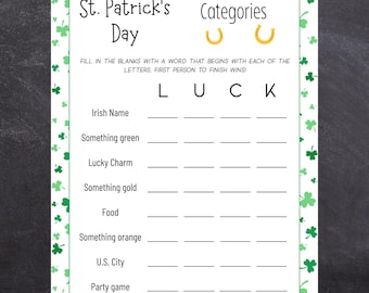 St Patricks Day Categories Word Game | Printable St. Patrick's Day Party Game for Kids, Adults, & Family