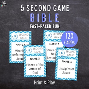 May include: A set of Bible-themed game cards with a blue and white chevron border. The cards feature the text "5 Second Game Bible" and "Fast-Paced Fun." Each card has a different topic, such as "Miracle performed Jesus" and "Disciples of Jesus."