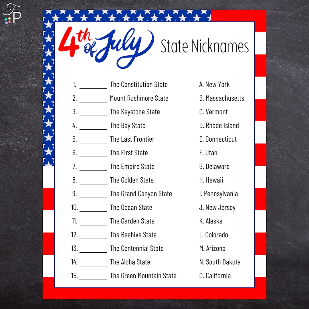 4th of July State Nickname | Printable Fourth of July Trivia Game for ...