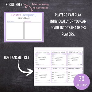 Puede incluir: Un juego de Jeopardy de Pascua que incluye una hoja de puntuaci&oacute;n y una clave de respuestas para el anfitri&oacute;n con seis categor&iacute;as, incluyendo Incredible Edible Egg, Around the World, Festive Facts, In the Bible, Sweet Tooth y Famous Rabbits, con 30 preguntas.