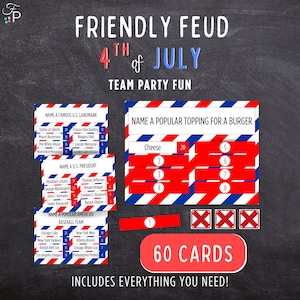 May include: A Friendly Feud 4th of July team party game set featuring red, white, and blue striped borders. The set includes game cards with trivia questions about U.S. landmarks, presidents, and baseball teams, plus a large board with 60 cards.