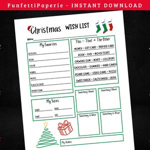 Weihnachtswunschliste druckbare, Weihnachtsgeschenkbörse, geheime Weihnachtswunschliste, Urlaub Geschenkbörse, Kinder Teenager Erwachsene, Geschenk Fragebogen
